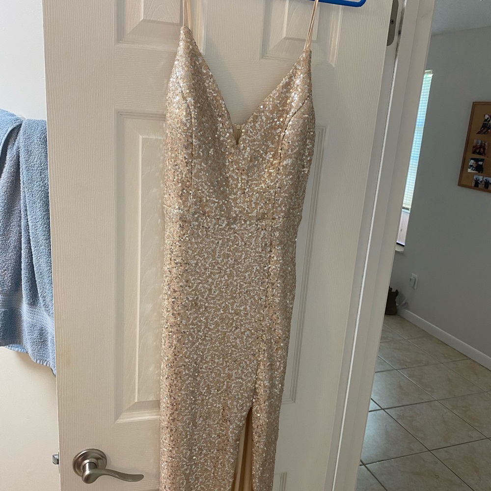 Rose gold/ silver sequin dress w/ slit